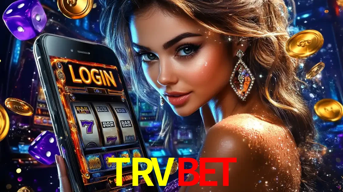 Mulher glamorosa segurando um smartphone com a tela de login para os jogos de caça-níqueis do cassino online TRVBET, com moedas de ouro e dados ao redor.