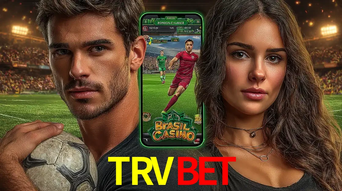 Homem segurando uma bola de futebol e uma mulher ao lado de um smartphone exibindo o jogo de apostas esportivas da TRVBET. Faça seu palpite no cassino online.